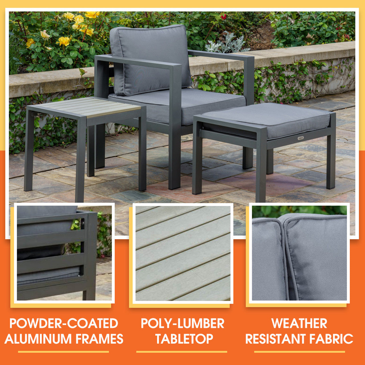 Lakeview Modern Outdoor Aluminum Chair, Ottoman, and Side Table Set