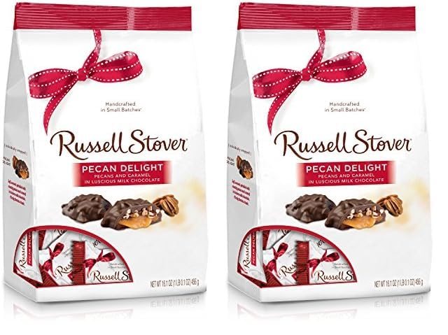 Russell Stover Pecan Delight Gusset Bag 16.10 Ounce Russel Stover Milk Chocolate Covered Candy Pack, Crunchy Pecans and Buttery Caramel Covered In Sweet Milk Chocolate Candy, Individually Wrapped
