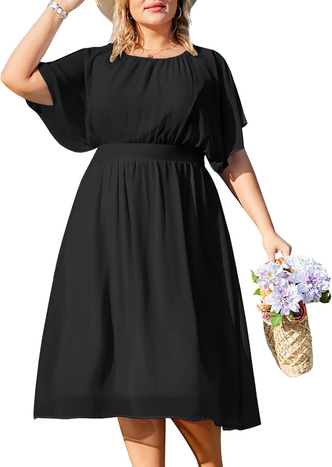 Hanna Nikole Women Chiffon Dress Plus Size Knee-Length Casual Dresses Ruffle Sleeve A-Line Dress