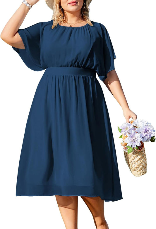 Hanna Nikole Women Chiffon Dress Plus Size Knee-Length Casual Dresses Ruffle Sleeve A-Line Dress