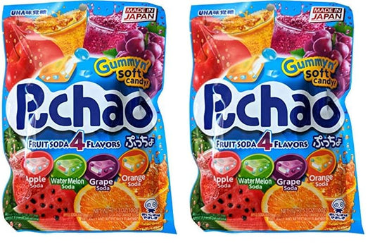 UHA mikakuto Puchao Soft Chewy Candy with Gummy Bits, 4 Fruit Soda Flavors with Apple, Watermelon, Grape, and Orange, 3.53 Oz