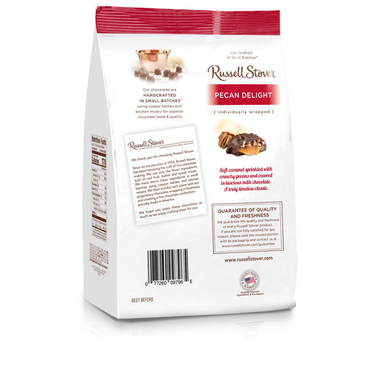 Russell Stover Pecan Delight Gusset Bag 16.10 Ounce Russel Stover Milk Chocolate Covered Candy Pack, Crunchy Pecans and Buttery Caramel Covered In Sweet Milk Chocolate Candy, Individually Wrapped