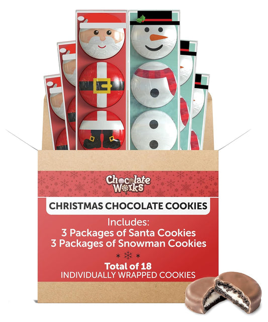 Chocolate Covered Cream Filled Cookies by Chocolate Works, Gourmet Christmas Chocolate Gift Box, Milk Chocolate Coated Cookies, Santa Claus and Snowman Gift, 6 Premium Chocolate Treats Packs