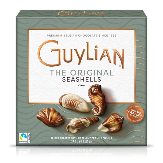 Gourmet Chocolate Hazelnut Praline Truffles by Guylian, White, Milk, and Dark Chocolate Candy Seashells, Belgian Chocolate Gift Box for Women and Men, 22 Truffles