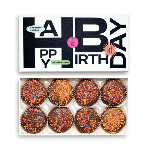 Happy Birthday Chocolate Dipped Sandwich Cookies Gift | Olde Naples Hand Decorated Sandwich Cookies | Gift Basket 8pc Sandwich Cookies Assortment Milk Chocolate (Upbeat)