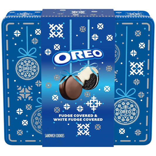 OREO Fudge and White Fudge Covered Chocolate Sandwich Cookies, Holiday Cookies, 1.02 lb Tin