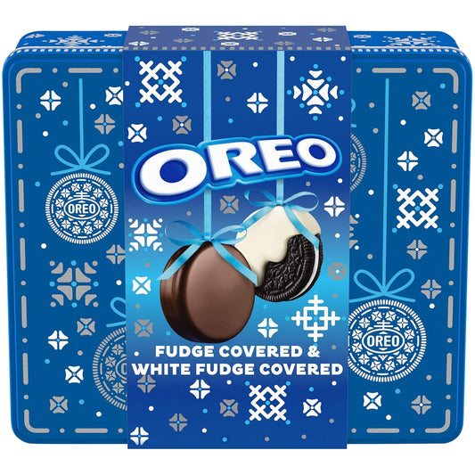 OREO Fudge and White Fudge Covered Chocolate Sandwich Cookies, Holiday Cookies, 1.03 lb Tin