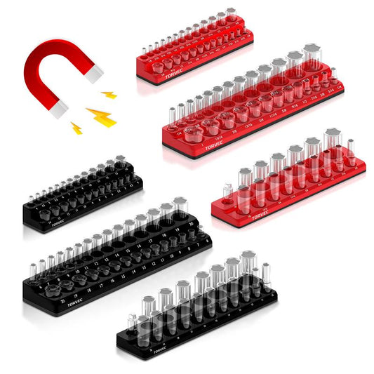 Torvec Original Magnetic Socket Organizer Set 6Pcs 1/2 1/4 3/8 SAE & Metric Deep Shallow Holder Holds 143 Sockets Durable ABS Material High Capacity Tool Storage