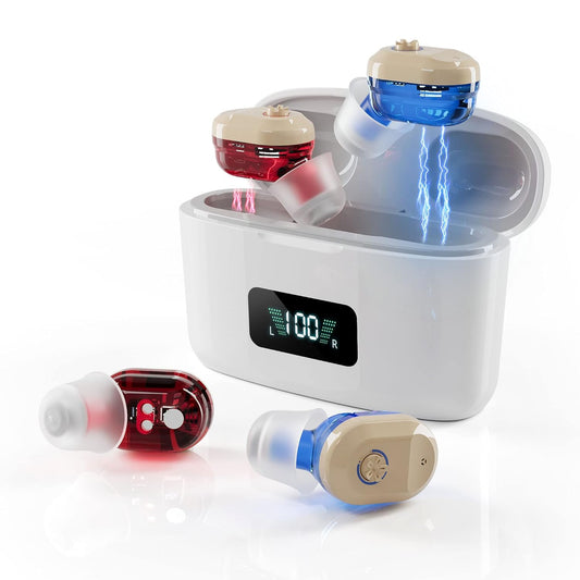 Rechargeable Hearing Aids for Seniors & Adults - Manual Volume Control | 120 Hrs. Bat. | LED Display Hearing Amplifiers for Mild to Moderate Hearing Loss | Personal Sound Amplification Devices