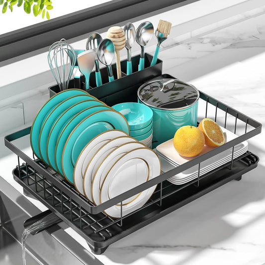 Dish Drying Rack Dish Racks for Kitchen Counter Sink with Drainboard Black Rustproof Drying Rack Kitchen Dish Drainer with Widened Leak-Proof Spout, Large 3-Compartment Utensil Holder