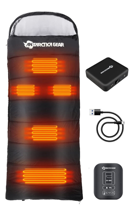 ANTARCTICA GEAR Heated Sleeping Bag with 16000mAh 12V Battery Pack 5pcs Heating Areas Sleeping Bags for Adults 3 Adjustable Heating Levels Cold Weather Sleeping Bag for All Season Hiking & Camping