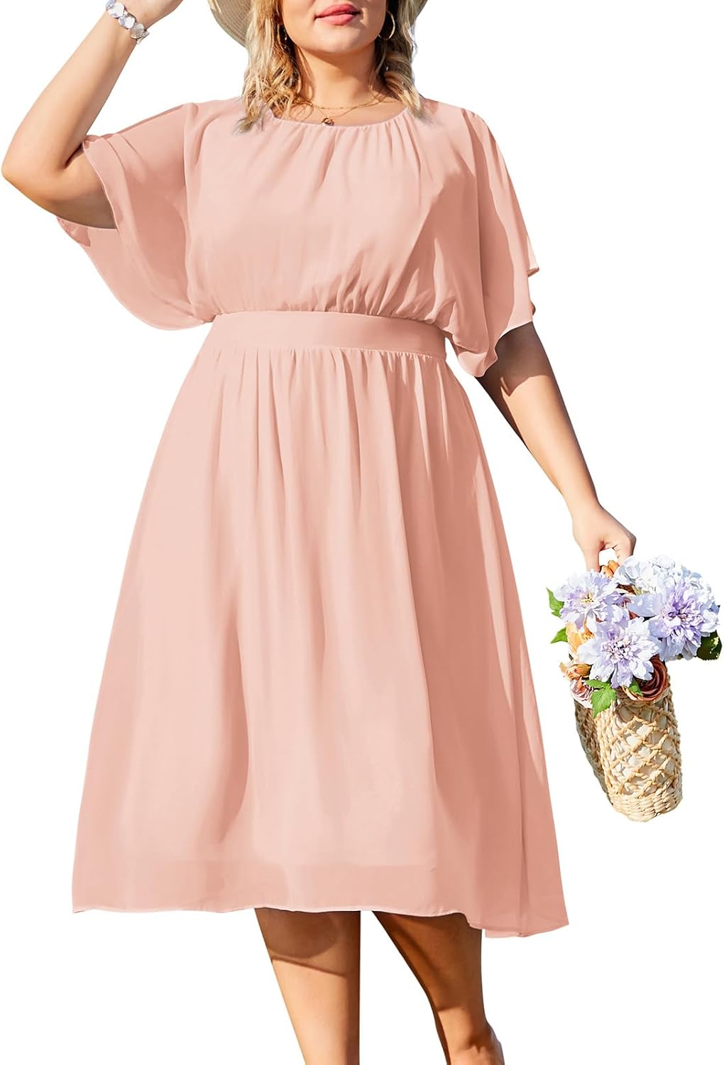 Hanna Nikole Women Chiffon Dress Plus Size Knee-Length Casual Dresses Ruffle Sleeve A-Line Dress