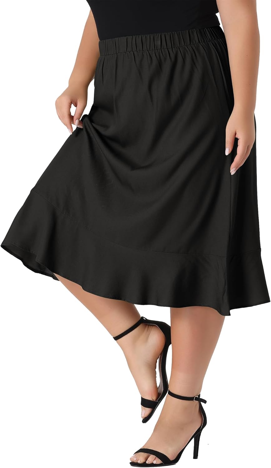 Agnes Orinda Plus Size Midi Skirt for Women Elastic Waist Denim Tiered Pleated Hem Chambray Skirts