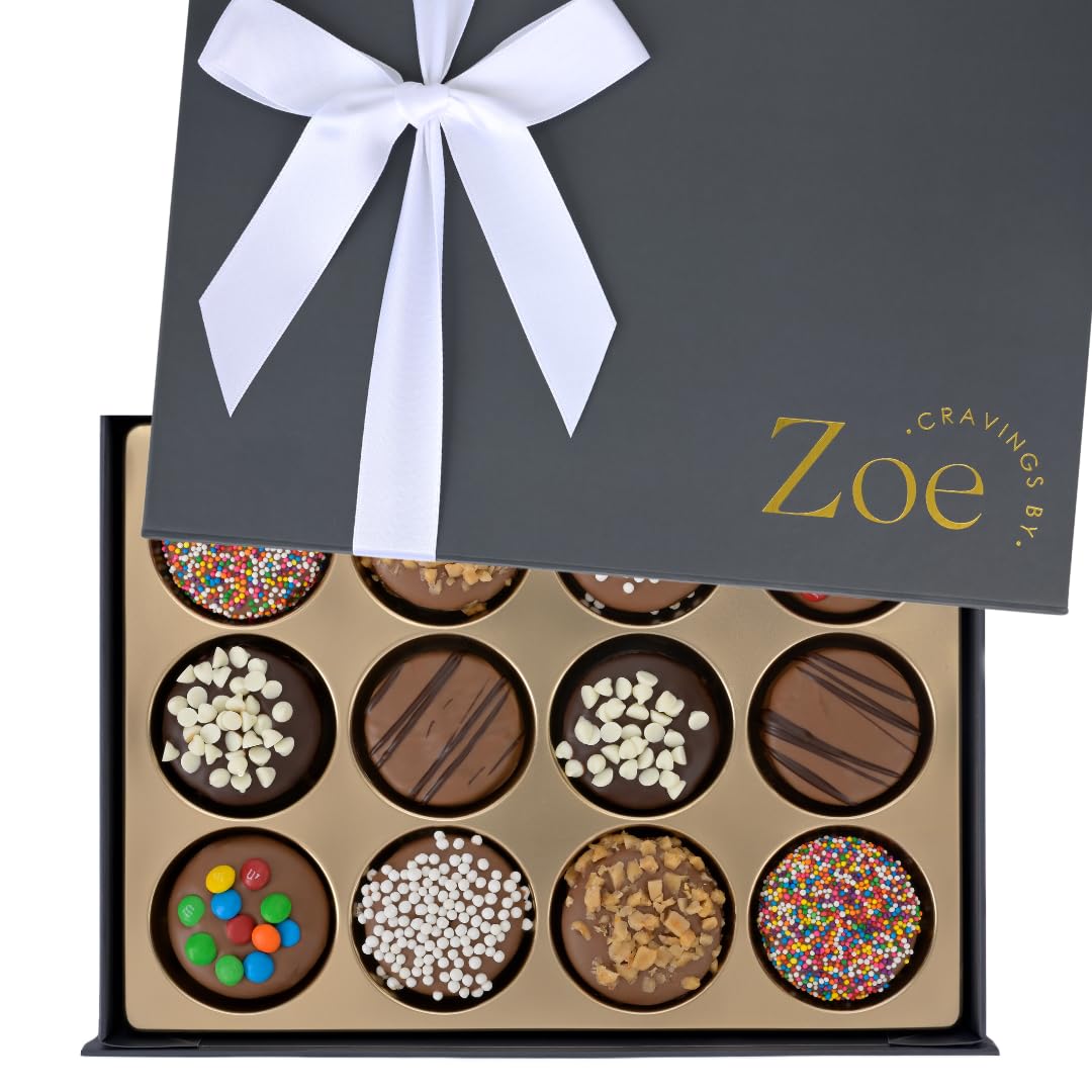 CRAVINGS BY ZOE Chocolate Covered Cookies Gift Basket | 12 Piece | Kosher Milk & Dark Belgian Chocolate Gourmet Food Gift Box | Birthday, Holiday, Thank You, Candy Gifting Men Women
