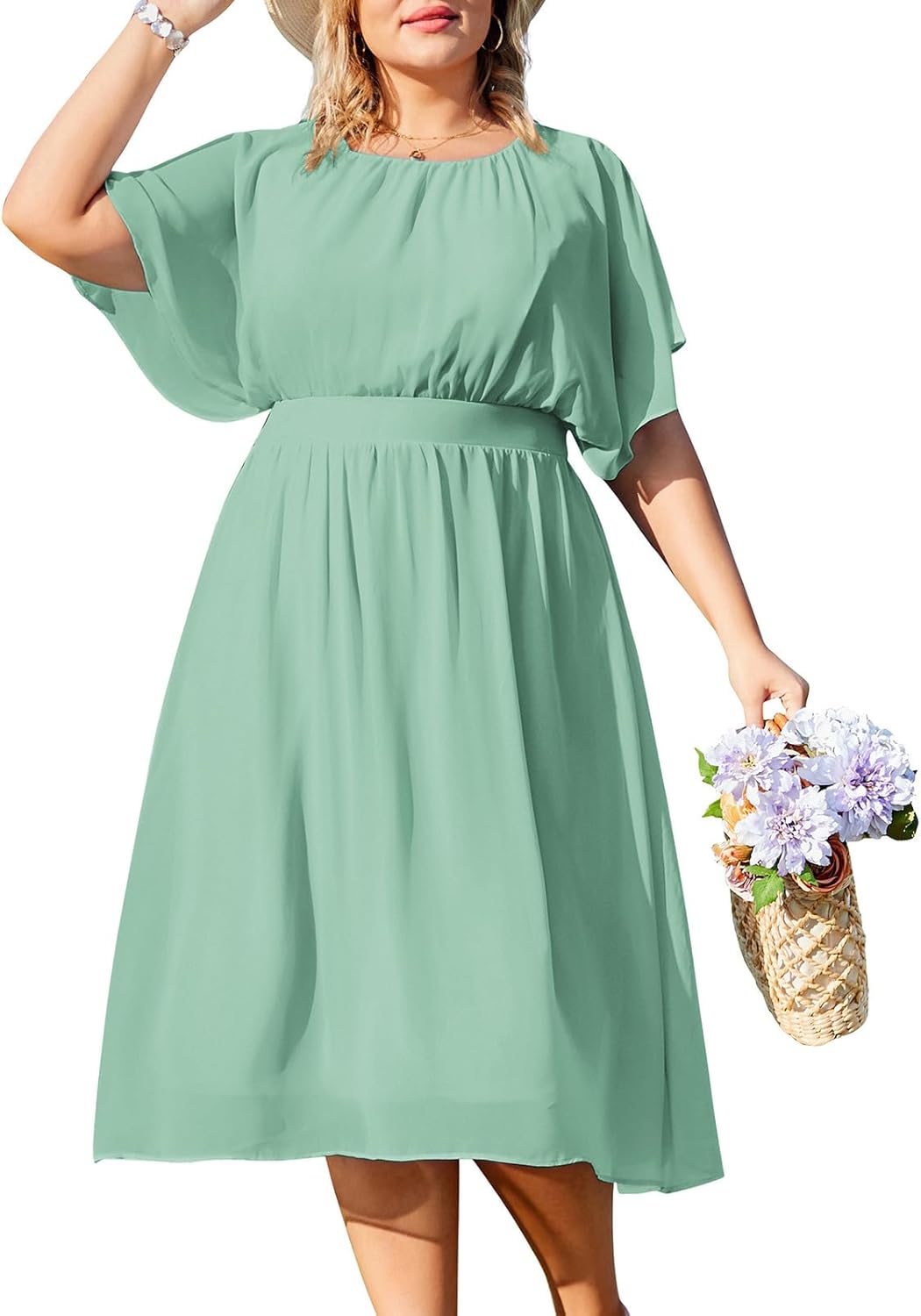 Hanna Nikole Women Chiffon Dress Plus Size Knee-Length Casual Dresses Ruffle Sleeve A-Line Dress