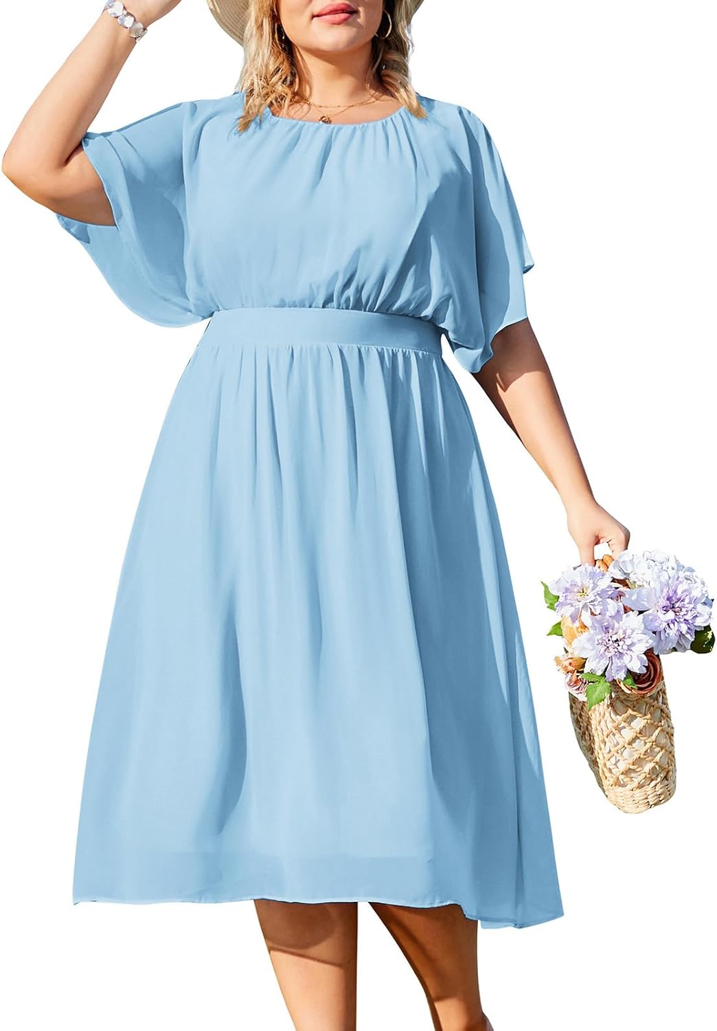Hanna Nikole Women Chiffon Dress Plus Size Knee-Length Casual Dresses Ruffle Sleeve A-Line Dress