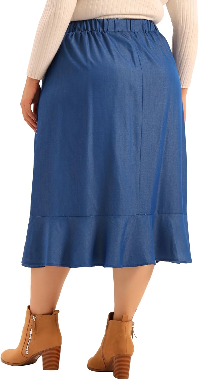 Agnes Orinda Plus Size Midi Skirt for Women Elastic Waist Denim Tiered Pleated Hem Chambray Skirts