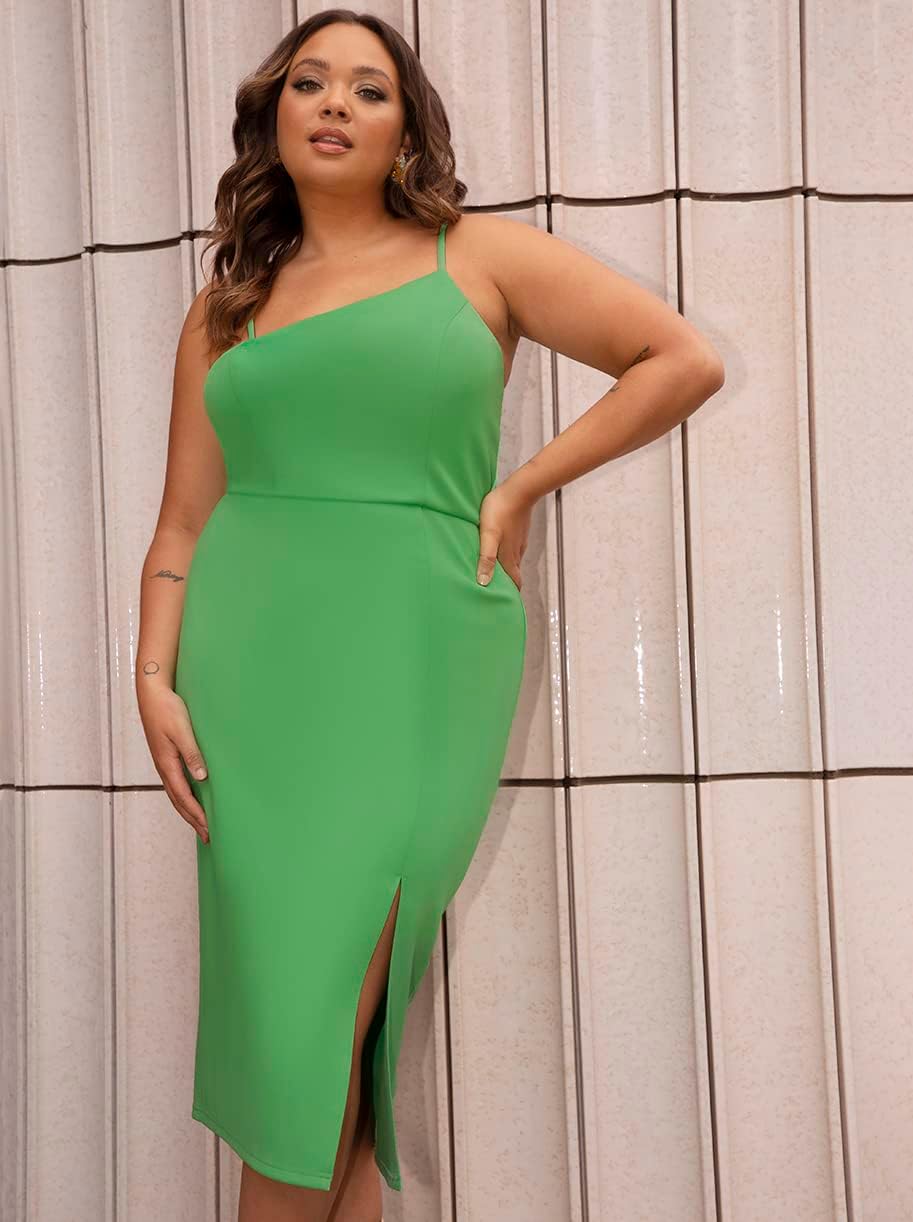 Chi Chi London Women's Plus Size Asymmetric Bodycon Dress in Green Special Occasion