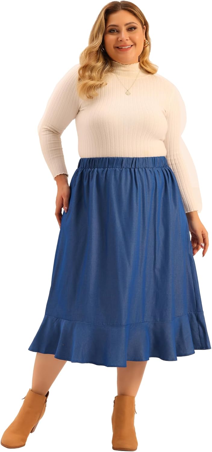 Agnes Orinda Plus Size Midi Skirt for Women Elastic Waist Denim Tiered Pleated Hem Chambray Skirts