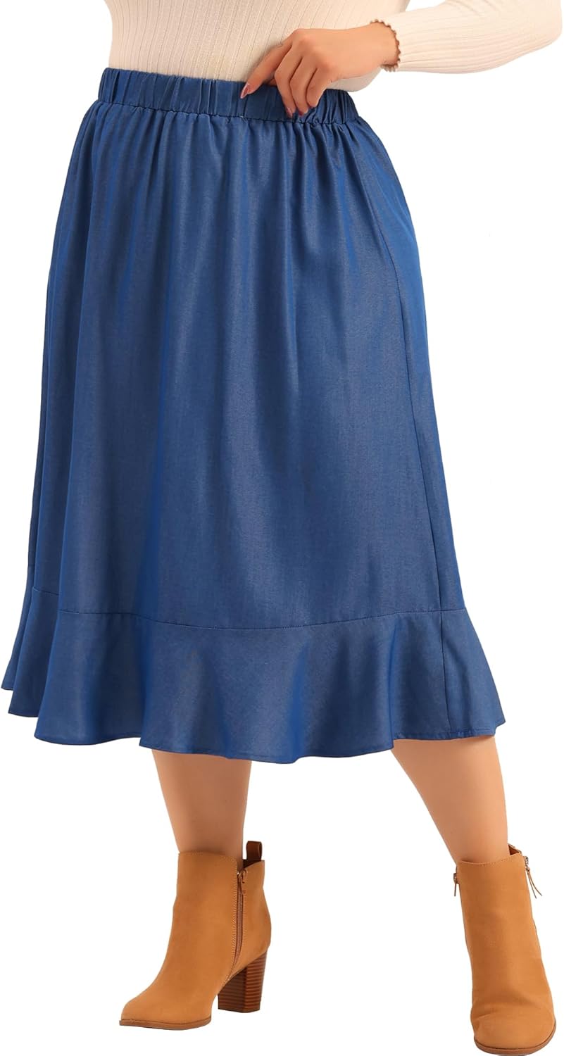 Agnes Orinda Plus Size Midi Skirt for Women Elastic Waist Denim Tiered Pleated Hem Chambray Skirts