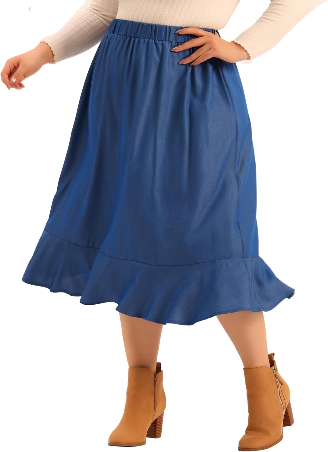 Agnes Orinda Plus Size Midi Skirt for Women Elastic Waist Denim Tiered Pleated Hem Chambray Skirts