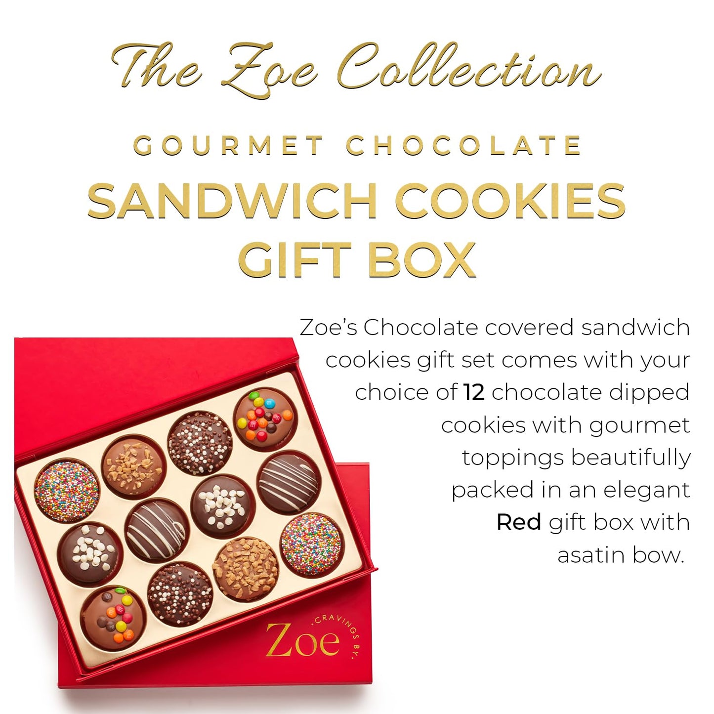 CRAVINGS BY ZOE Chocolate Covered Cookies Gift Basket | 12 Piece | Kosher Milk & Dark Belgian Chocolate Gourmet Food Gift Box | Birthday, Holiday, Thank You, Candy Gifting Men Women