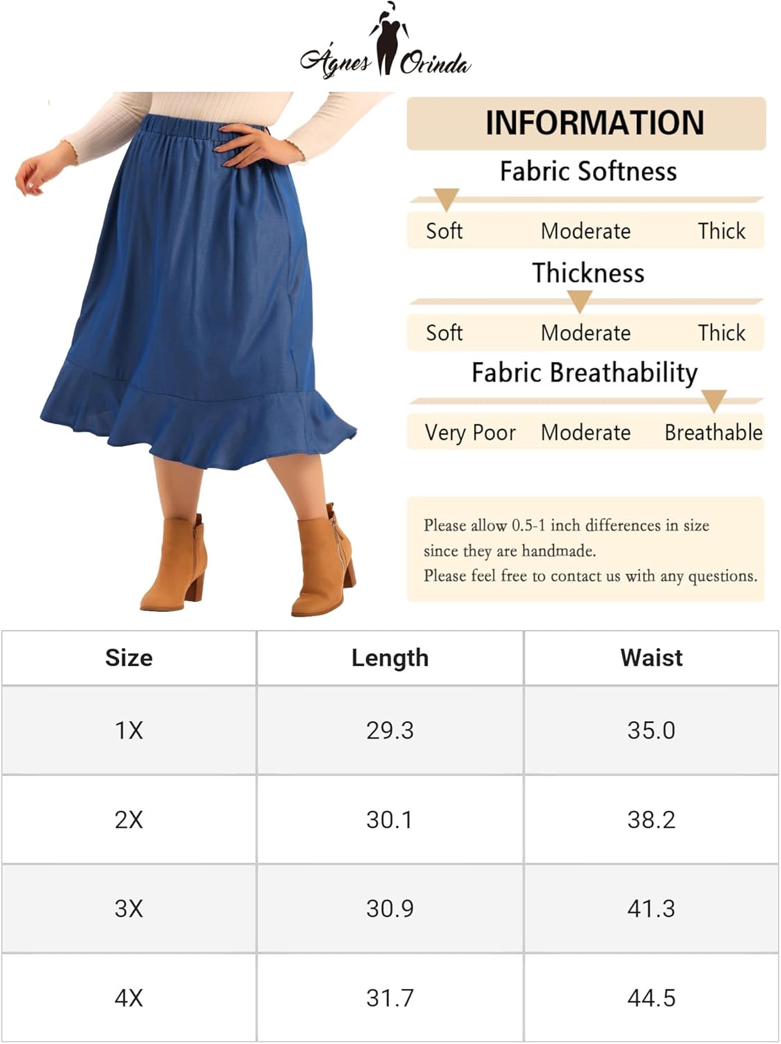 Agnes Orinda Plus Size Midi Skirt for Women Elastic Waist Denim Tiered Pleated Hem Chambray Skirts