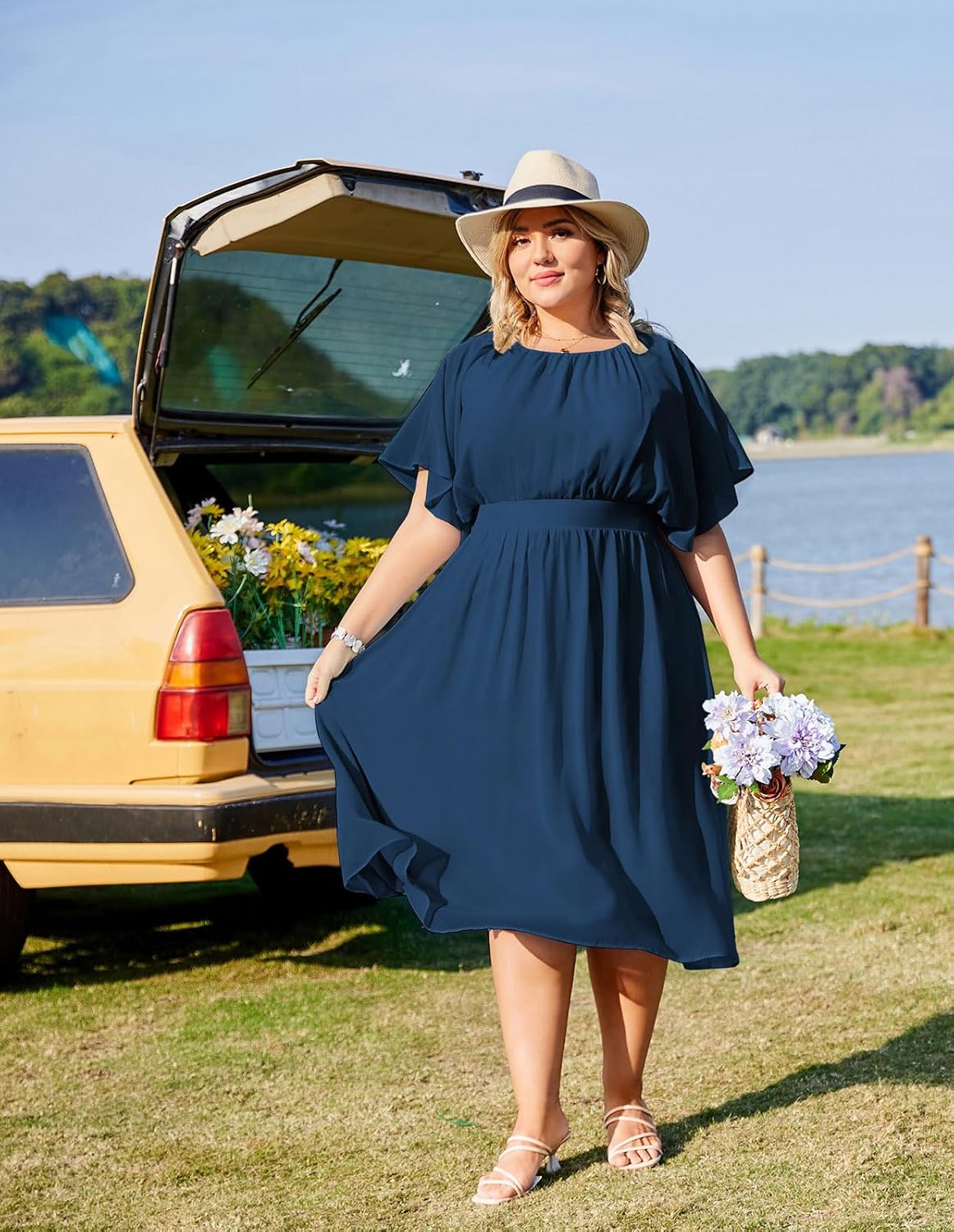 Hanna Nikole Women Chiffon Dress Plus Size Knee-Length Casual Dresses Ruffle Sleeve A-Line Dress
