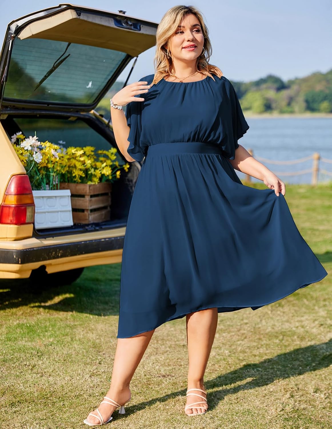 Hanna Nikole Women Chiffon Dress Plus Size Knee-Length Casual Dresses Ruffle Sleeve A-Line Dress