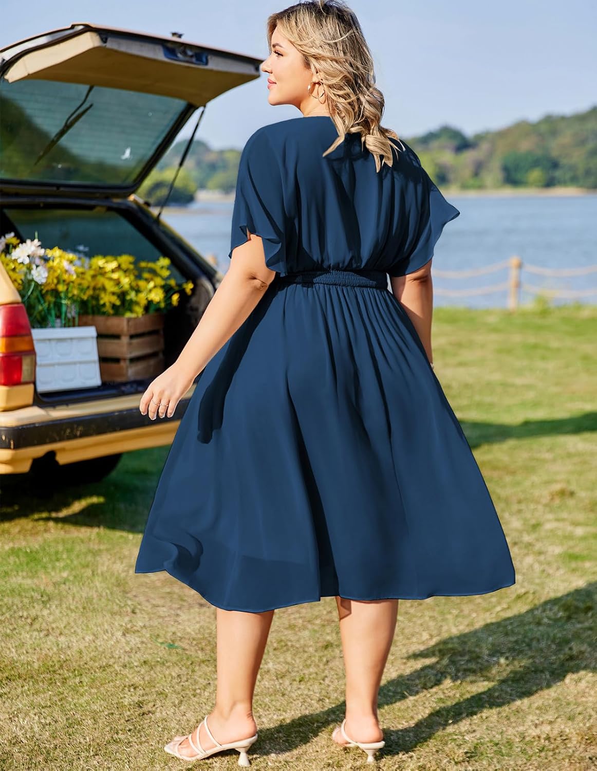 Hanna Nikole Women Chiffon Dress Plus Size Knee-Length Casual Dresses Ruffle Sleeve A-Line Dress