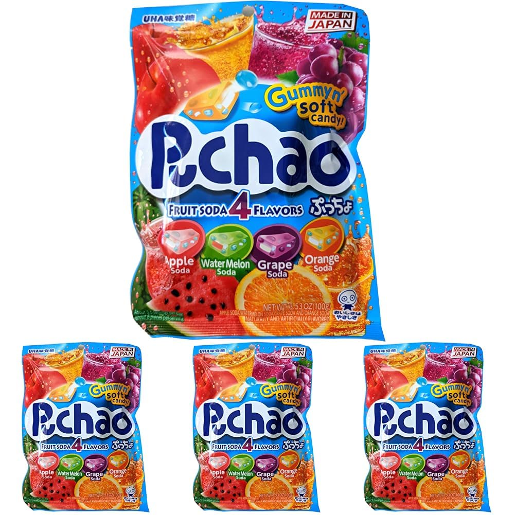 UHA mikakuto Puchao Soft Chewy Candy with Gummy Bits, 4 Fruit Soda Flavors with Apple, Watermelon, Grape, and Orange, 3.53 Oz