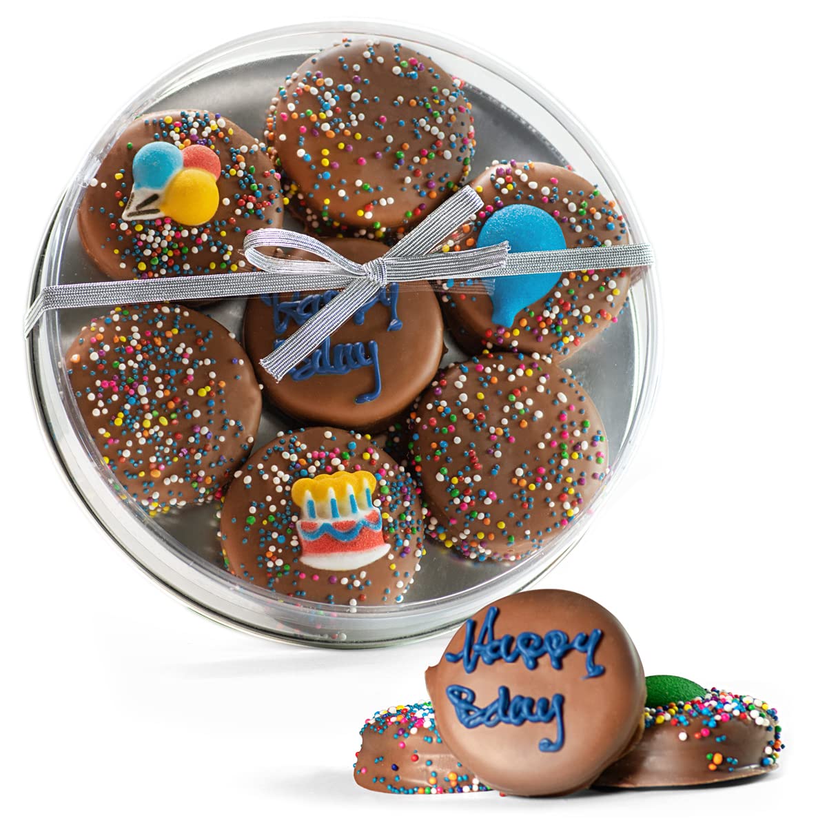 Happy Birthday Milk Chocolate Covered Sandwich Cookies, Custom 7 Pc. Blue Gift Basket, Fresh Hand Decorated Assortment, Sweet Multi-Layered Sandwich Treats for Kids and Adults