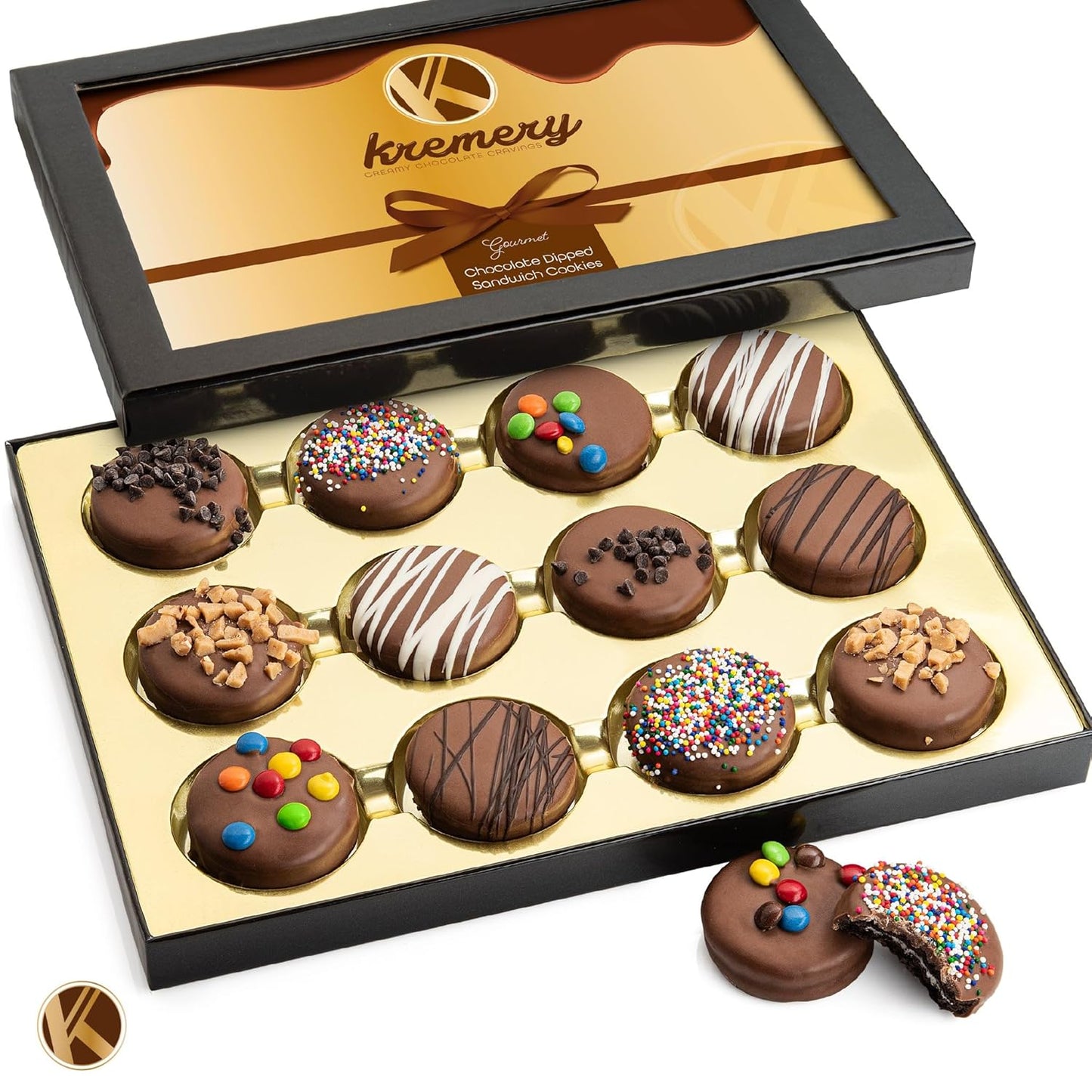 KREMERY Creamy Chocolate Cravings - Purim Mishloach Manot Chocolate Covered Sandwich Cookies And Cream Gift Basket (12 Count) Birthday Sweet Treats - Assorted Candy Toppings - Kosher Dairy