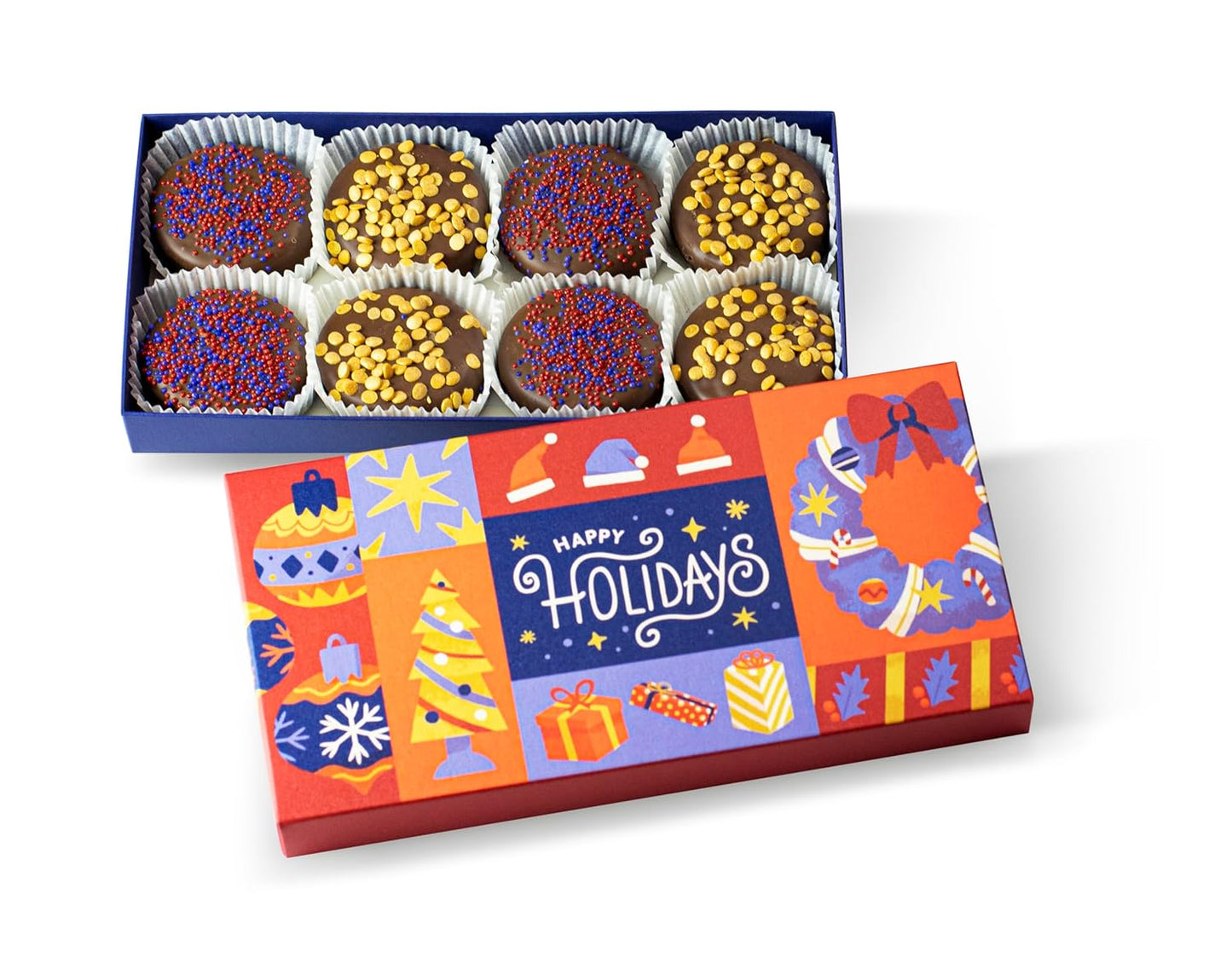 Olde Naples Christmas MILK Chocolate Dipped Chocolate Sandwich Cookies, Hand decorated Gift Basket with 7 Chocolate covered Chocolate Sandwich Cookies (Milk Chocolate)