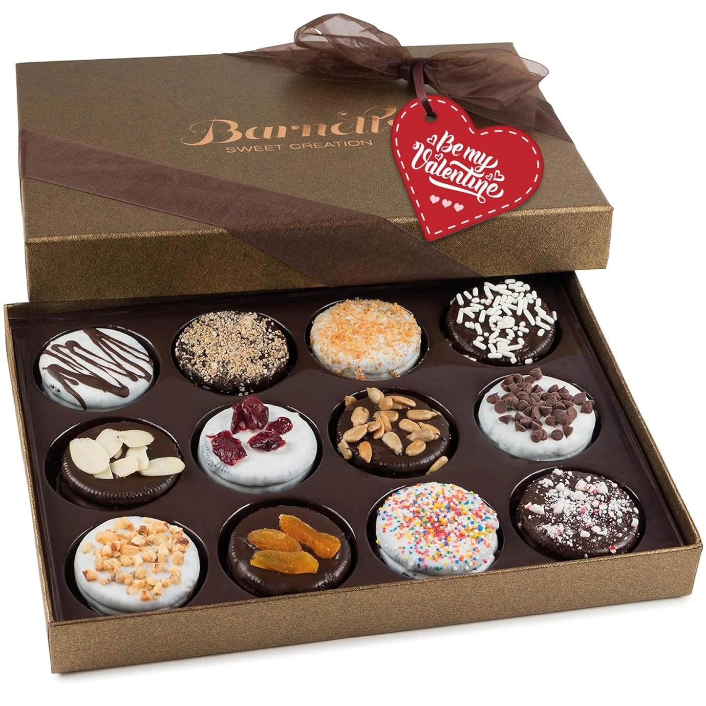 12 Chocolate Valentines Cookies Gift Basket, Gourmet Covered Candy Gift Box for Food Delivery, Cookie Gift Ideas for Galentines Friends Co-workers