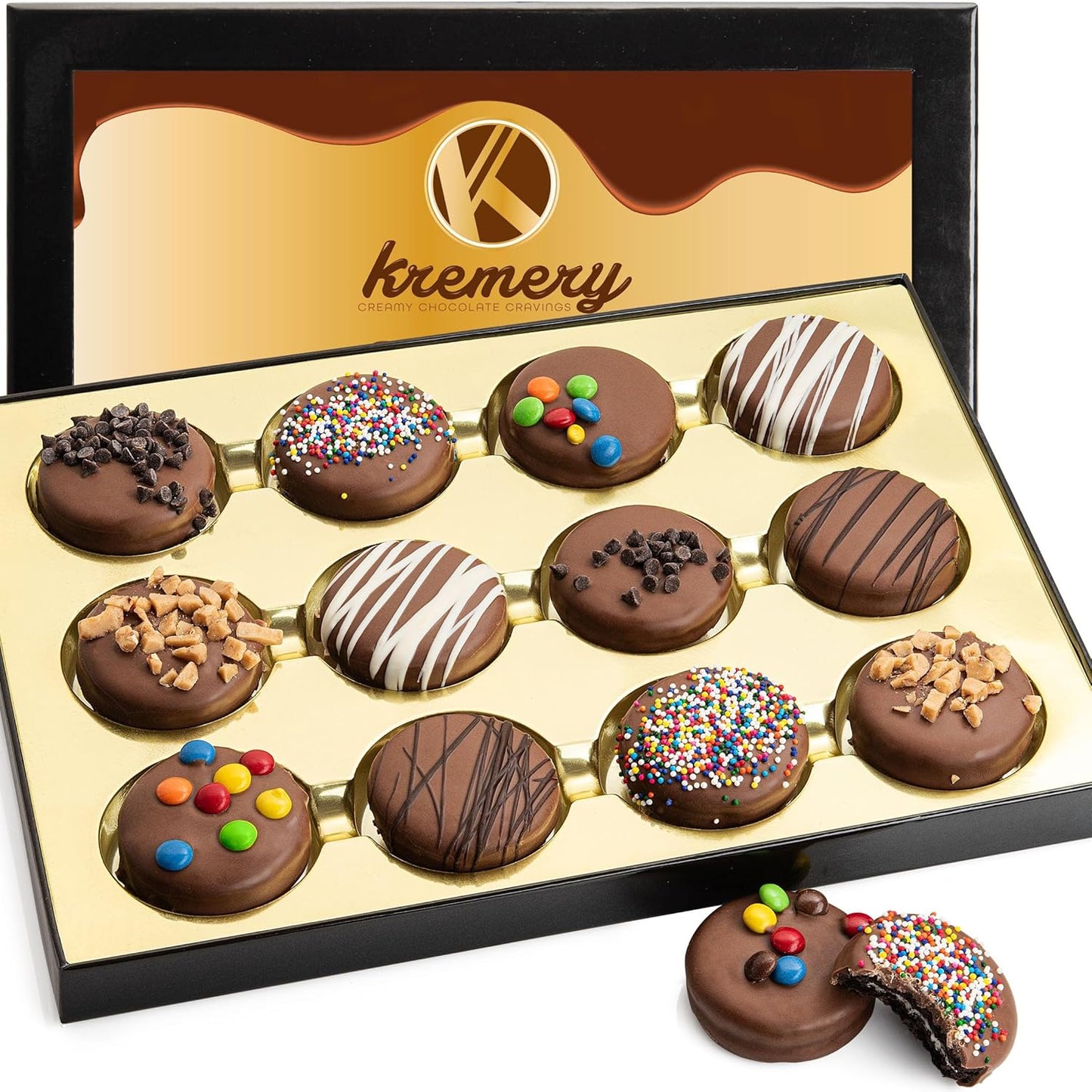 KREMERY Creamy Chocolate Cravings - Purim Mishloach Manot Chocolate Covered Sandwich Cookies And Cream Gift Basket (12 Count) Birthday Sweet Treats - Assorted Candy Toppings - Kosher Dairy