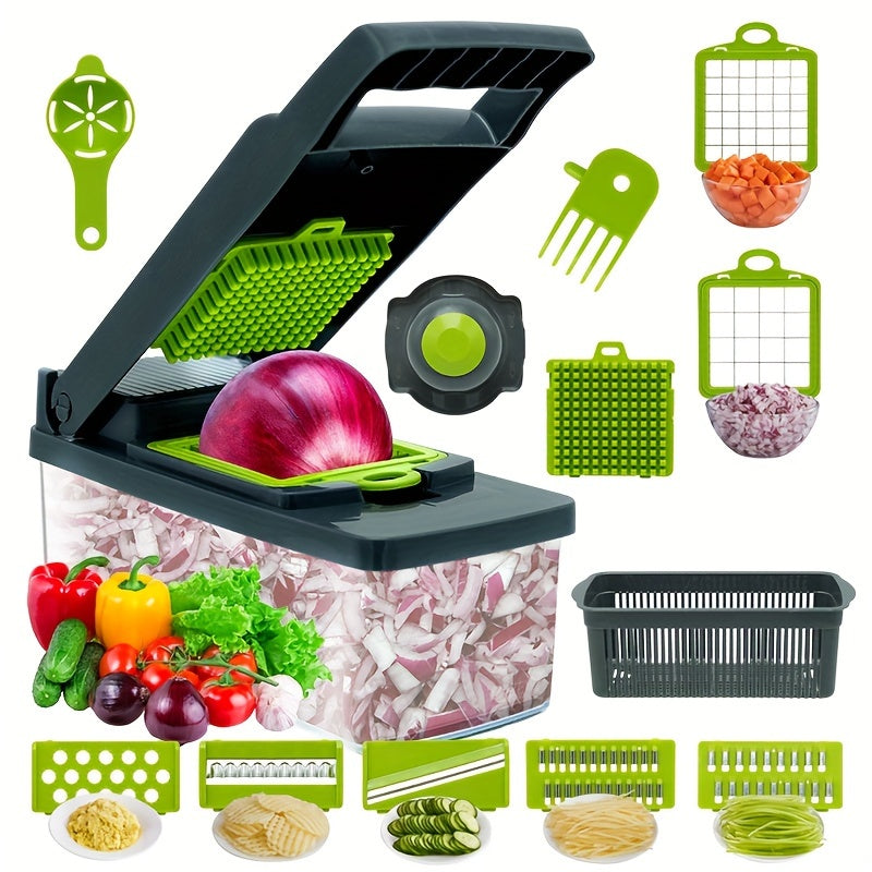 1216pcsSet Vegetable Chopper Multifunctional Fruit Slicer Handle Food Grater Vegetable Slicer Cutter With Container Onion Mincer Chopper With Multiple Interchangeable Blades Household Potato Shredder Kitchen Stuff Kitchen Gadgets