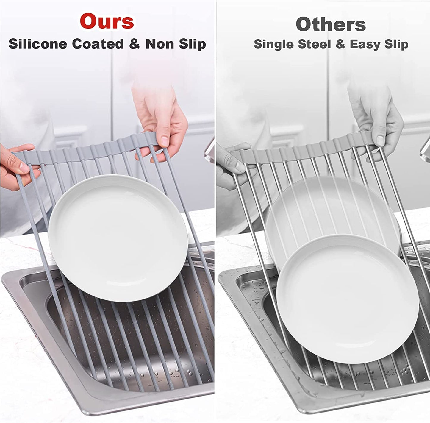 Roll up Dish Drying Rack, over the Sink Dish Rack Foldable, Heat-Resistant, Anti-Slip Silicone Coated Steel Dish Drainer for Kitchen Sink, Multipurpose Roll up Sink Drying Rack, 17.5" X 13"