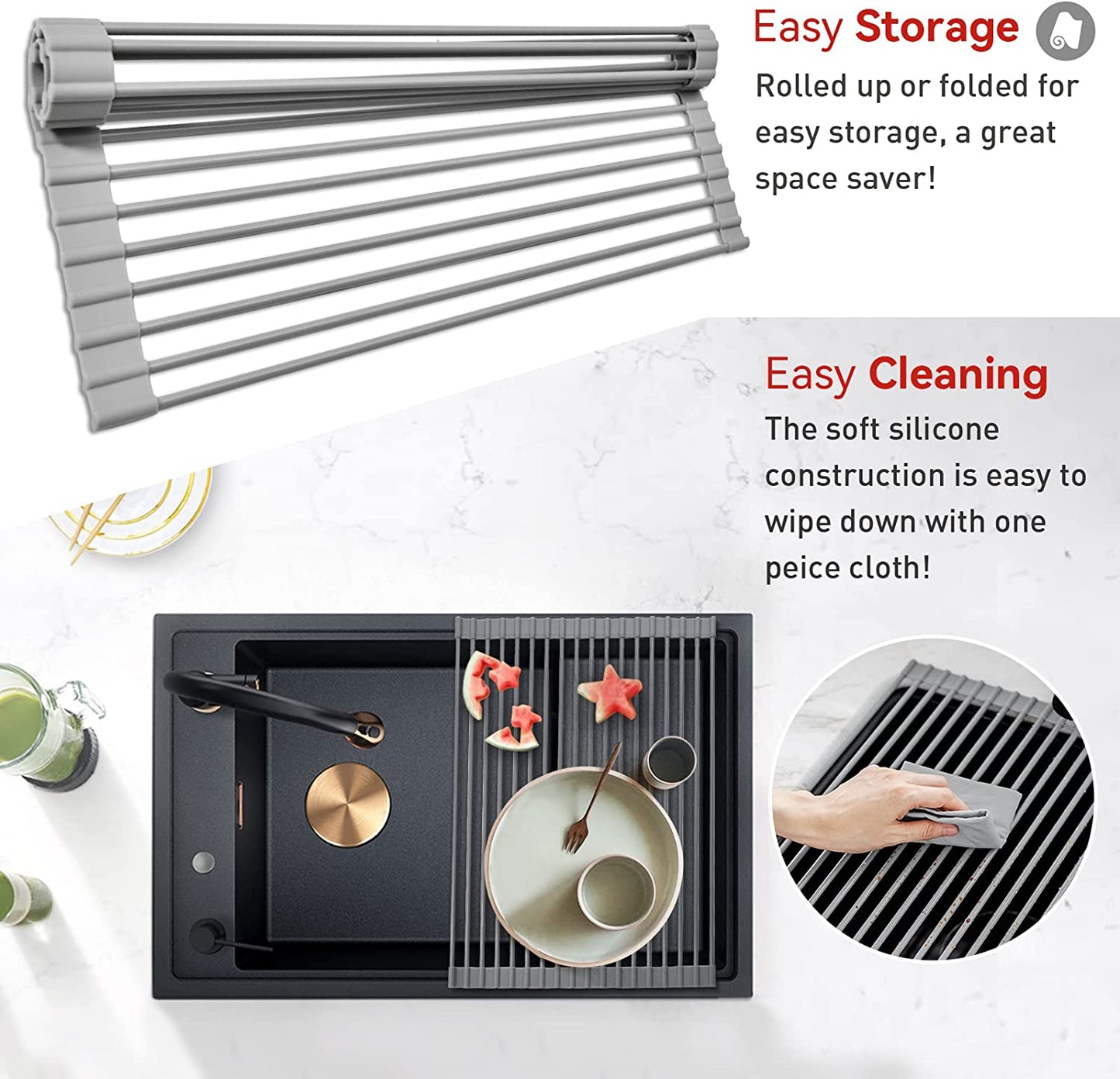Roll up Dish Drying Rack, over the Sink Dish Rack Foldable, Heat-Resistant, Anti-Slip Silicone Coated Steel Dish Drainer for Kitchen Sink, Multipurpose Roll up Sink Drying Rack, 17.5" X 13"