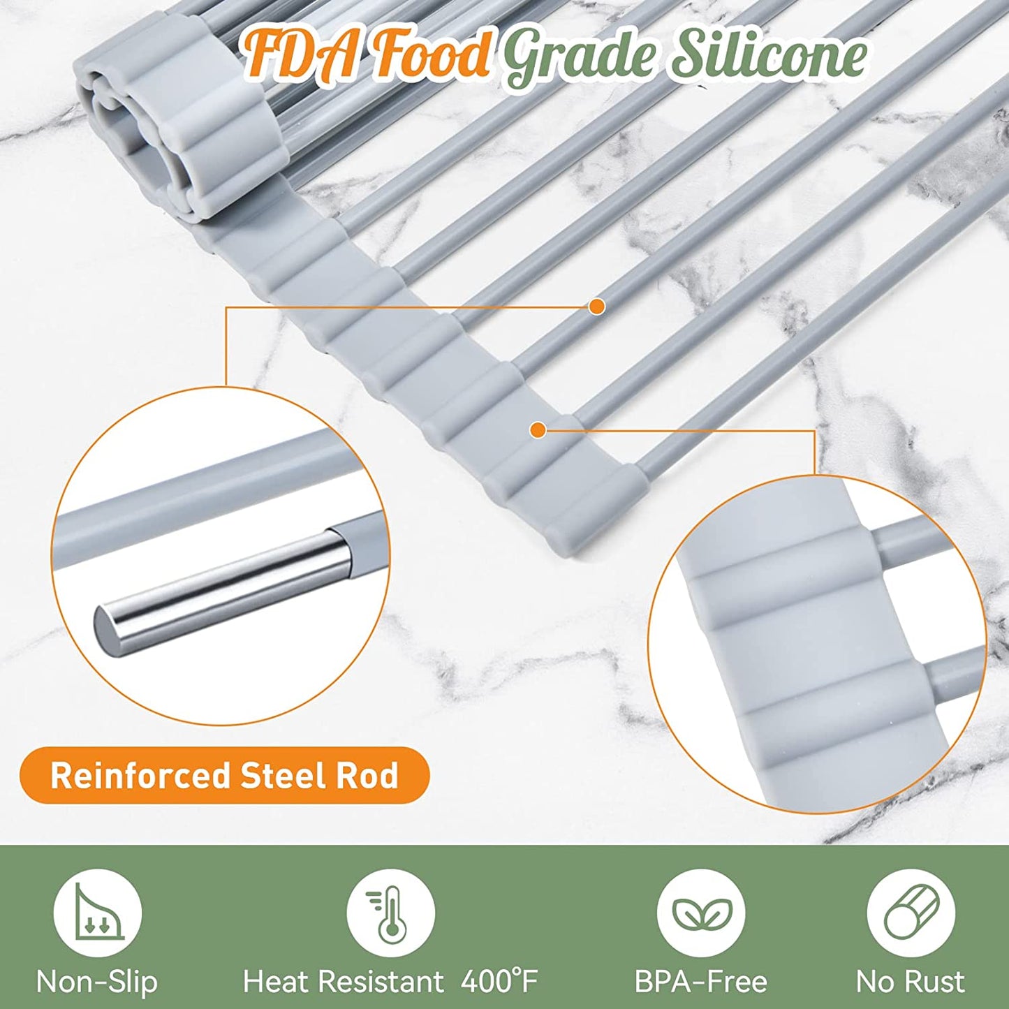 Roll up Dish Drying Rack, over the Sink Dish Rack Foldable, Heat-Resistant, Anti-Slip Silicone Coated Steel Dish Drainer for Kitchen Sink, Multipurpose Roll up Sink Drying Rack, 17.5" X 13"