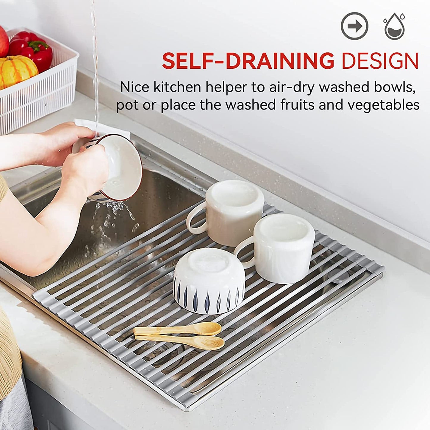 Roll up Dish Drying Rack, over the Sink Dish Rack Foldable, Heat-Resistant, Anti-Slip Silicone Coated Steel Dish Drainer for Kitchen Sink, Multipurpose Roll up Sink Drying Rack, 17.5" X 13"