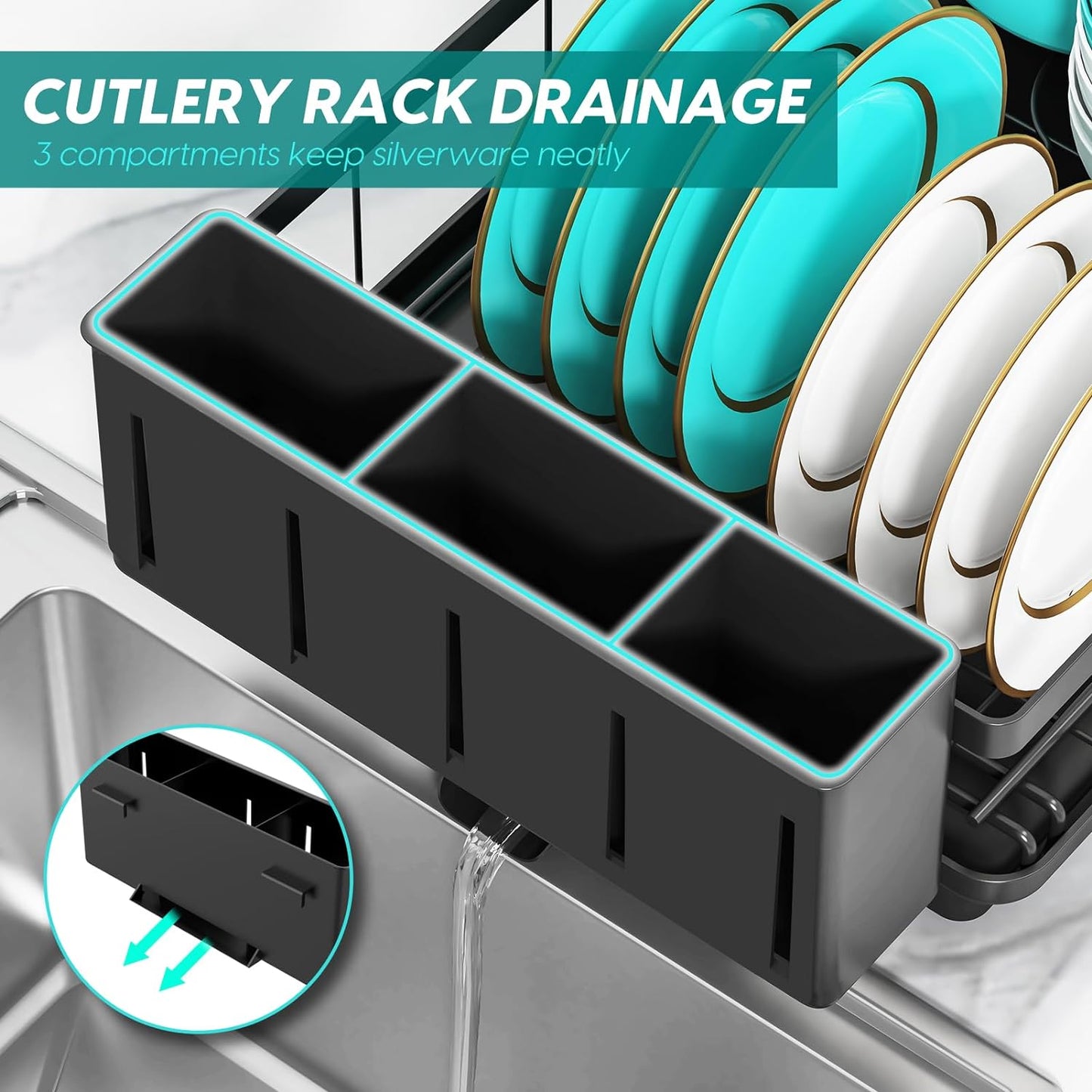 Dish Drying Rack Dish Racks for Kitchen Counter Sink with Drainboard Black Rustproof Drying Rack Kitchen Dish Drainer with Widened Leak-Proof Spout, Large 3-Compartment Utensil Holder