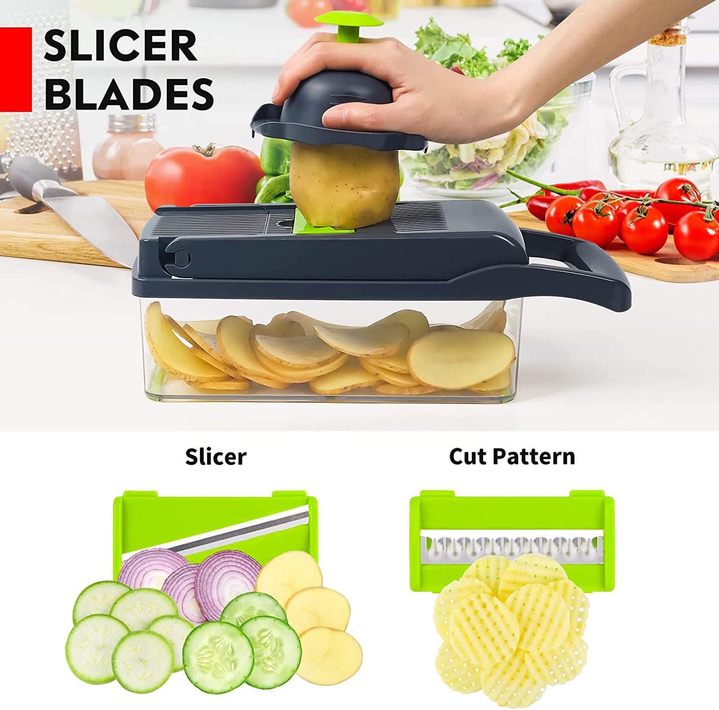 Vegetable Chopper, Pro Onion Chopper, 14 in 1Multifunctional Food Chopper, Kitchen Vegetable Slicer Dicer Cutter,Veggie Chopper with 8 Blades,Carrot Chopper with Container (Grey)