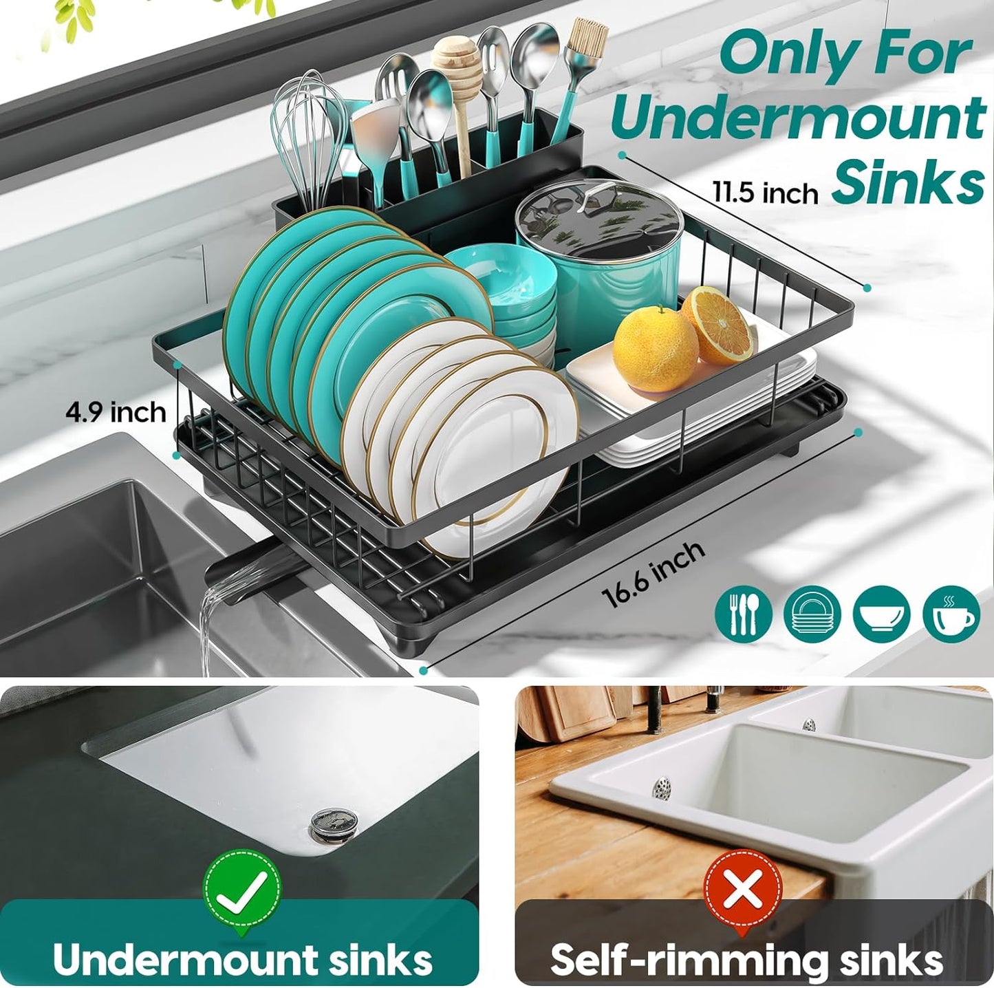 Dish Drying Rack Dish Racks for Kitchen Counter Sink with Drainboard Black Rustproof Drying Rack Kitchen Dish Drainer with Widened Leak-Proof Spout, Large 3-Compartment Utensil Holder