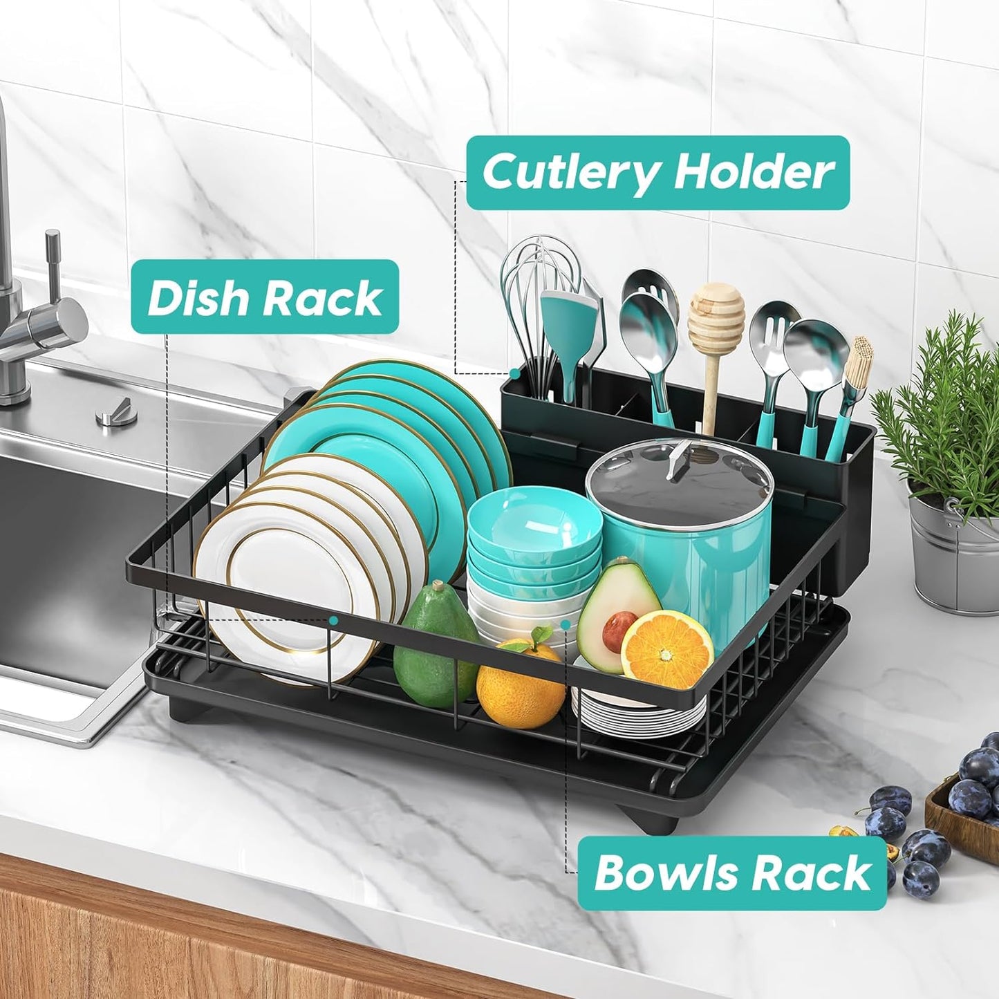 Dish Drying Rack Dish Racks for Kitchen Counter Sink with Drainboard Black Rustproof Drying Rack Kitchen Dish Drainer with Widened Leak-Proof Spout, Large 3-Compartment Utensil Holder