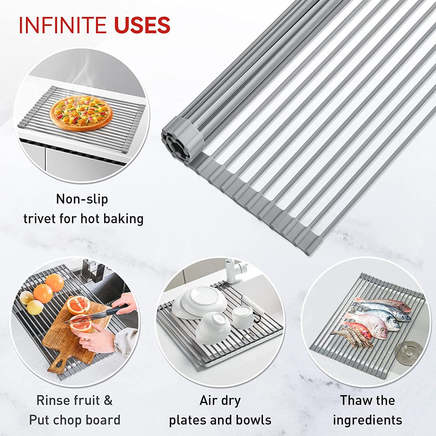 Roll up Dish Drying Rack, over the Sink Dish Rack Foldable, Heat-Resistant, Anti-Slip Silicone Coated Steel Dish Drainer for Kitchen Sink, Multipurpose Roll up Sink Drying Rack, 17.5" X 13"