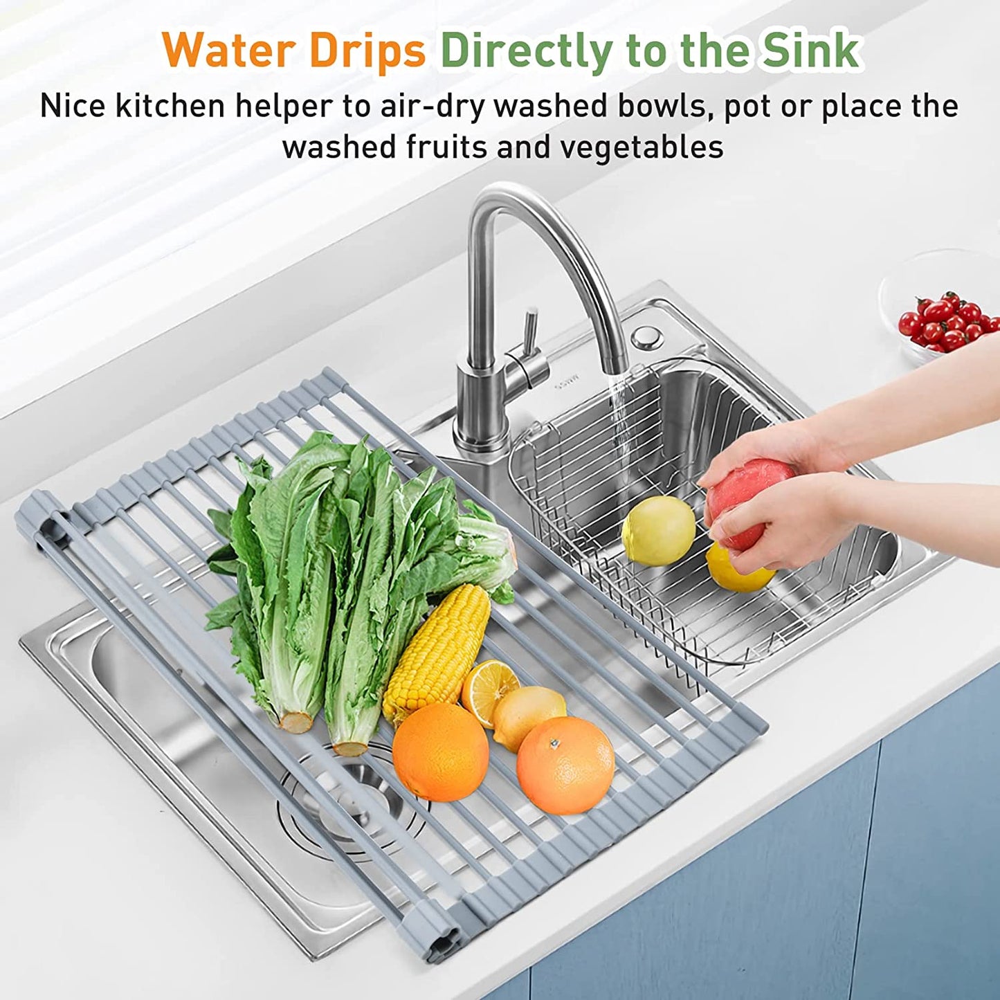 Roll up Dish Drying Rack, over the Sink Dish Rack Foldable, Heat-Resistant, Anti-Slip Silicone Coated Steel Dish Drainer for Kitchen Sink, Multipurpose Roll up Sink Drying Rack, 17.5" X 13"
