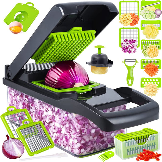 Vegetable Chopper, Pro Onion Chopper, 14 in 1Multifunctional Food Chopper, Kitchen Vegetable Slicer Dicer Cutter,Veggie Chopper with 8 Blades,Carrot Chopper with Container (Grey)