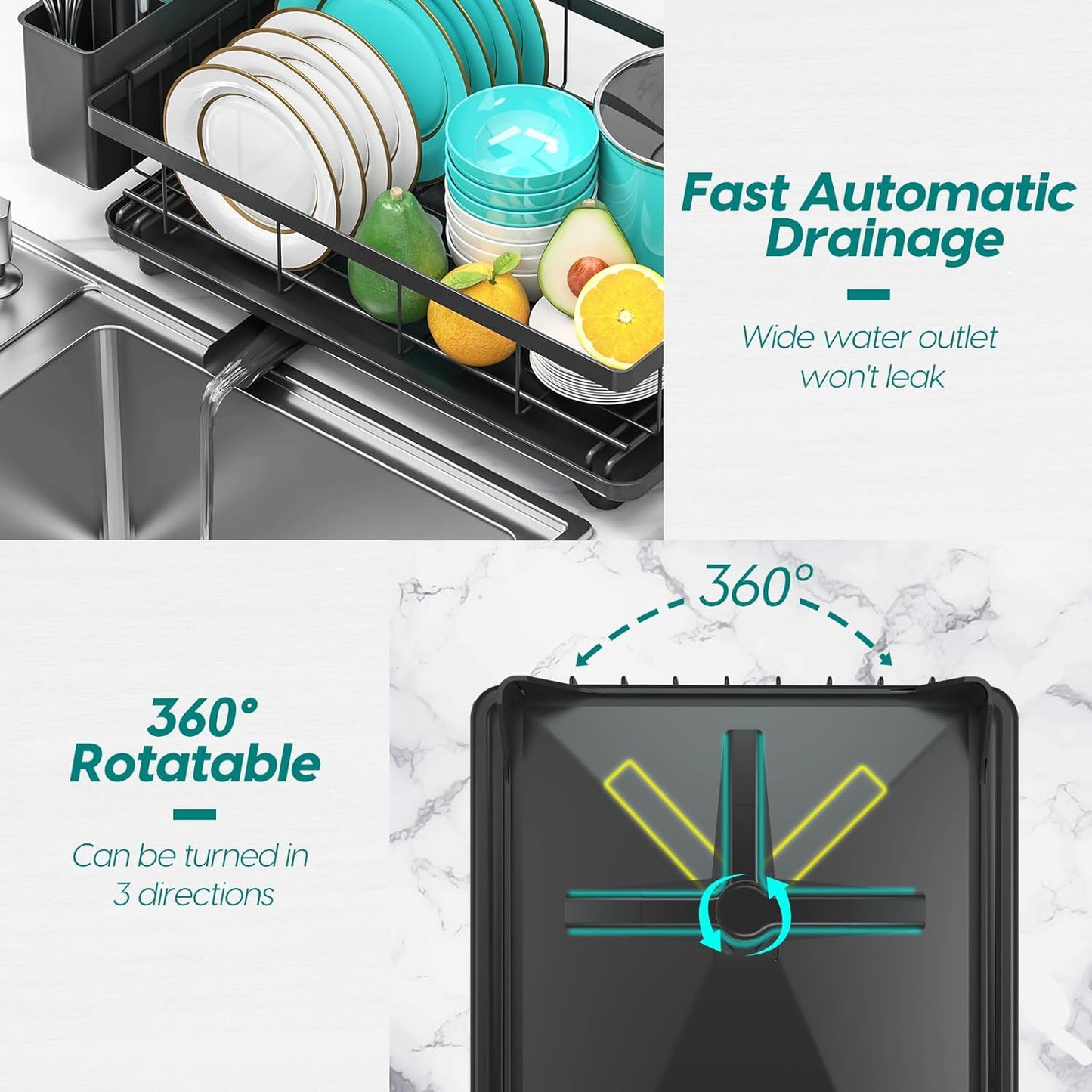 Dish Drying Rack Dish Racks for Kitchen Counter Sink with Drainboard Black Rustproof Drying Rack Kitchen Dish Drainer with Widened Leak-Proof Spout, Large 3-Compartment Utensil Holder