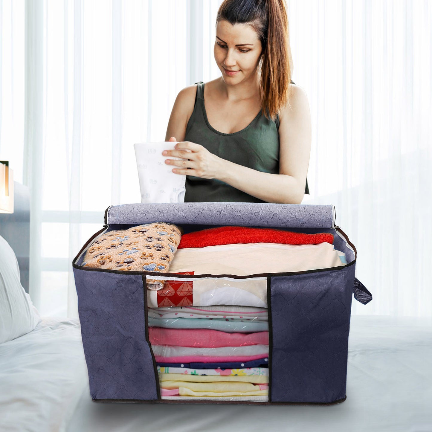 2 Piece 90L Large Capacity Storage Bags with Handle, Foldable Closet Organizer w/ Clear Window